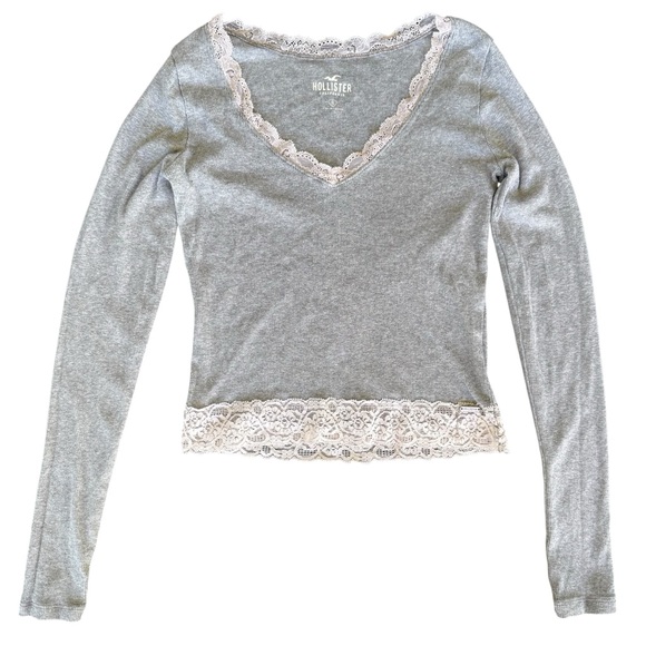 Y2K Hollister Ribbed Long Sleeve with Lace Trimming Semi Cropped Gray size Small - Picture 1 of 3